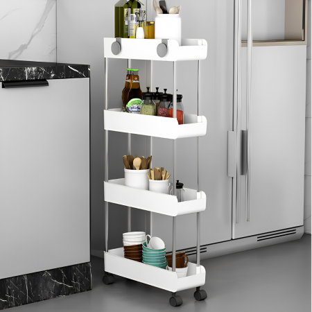 Raft de organizare pentru baie cu 4 etaje si roti, din plastic, Alb, 40.5 x 13 x 91 cm [0]