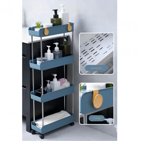 Raft de organizare pentru baie cu 4 etaje si roti, din plastic, Albastru, 40.5 x 23 x 93.5 cm [5]