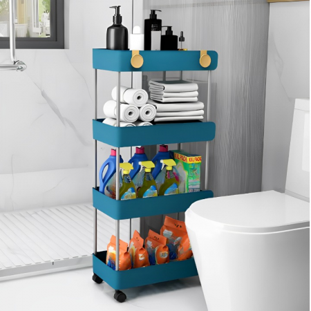 Raft de organizare pentru baie cu 4 etaje si roti, din plastic, Albastru, 40.5 x 23 x 93.5 cm [3]