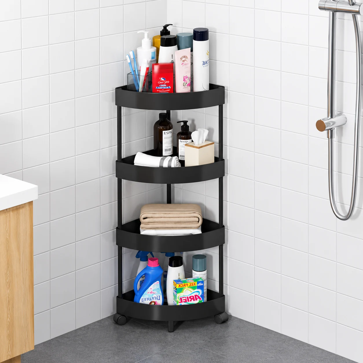 Raft de organizare pentru baie cu 4 etaje si roti, Negru, 34 x 24 x 93 cm