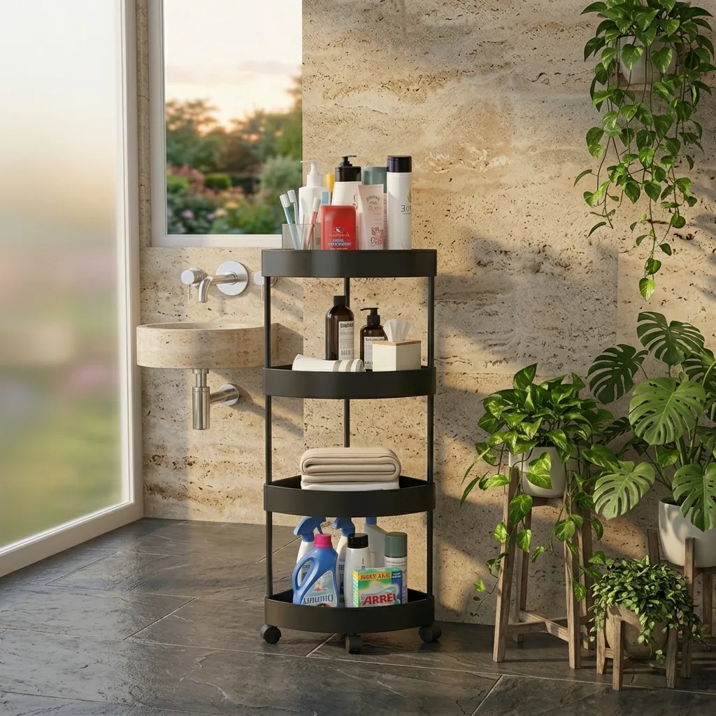 Raft de organizare pentru baie cu 4 etaje si roti, Negru, 34 x 24 x 93 cm [1]