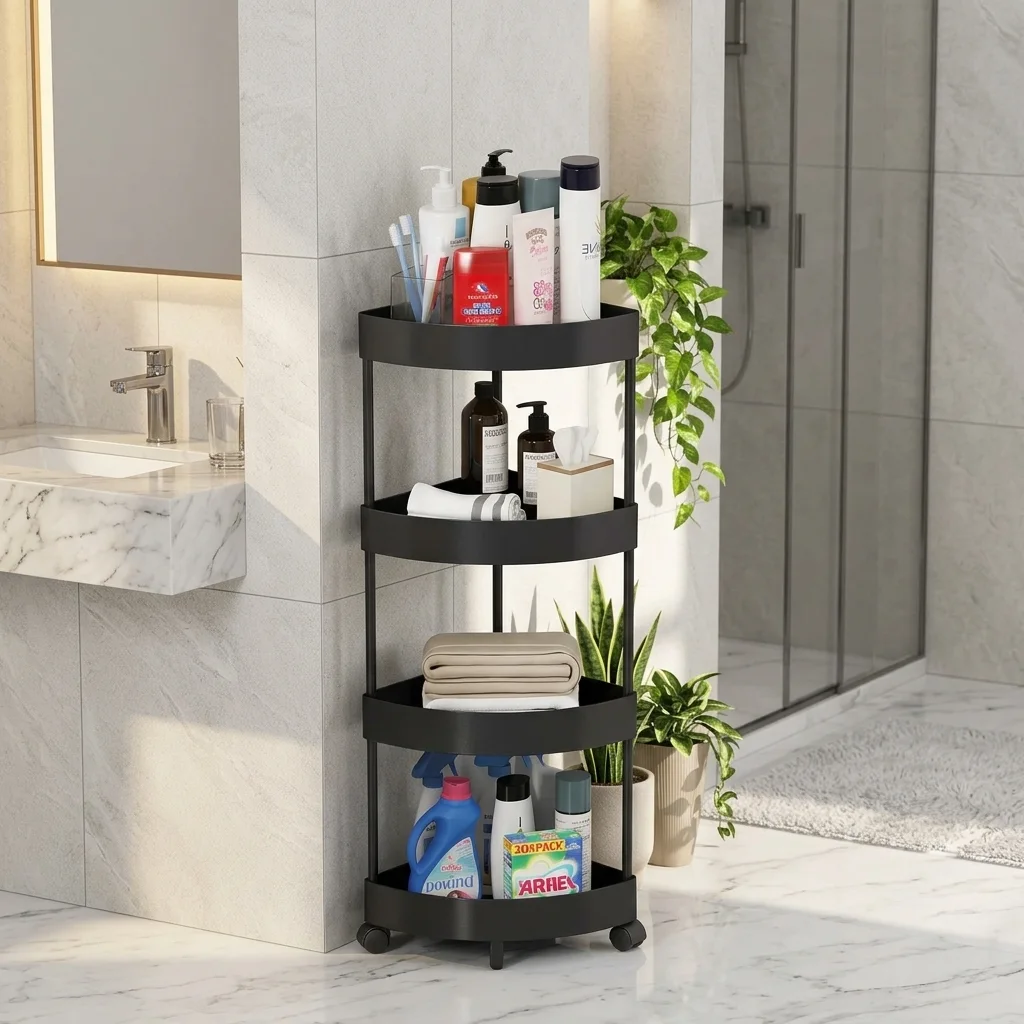 Raft de organizare pentru baie cu 4 etaje si roti, Negru, 34 x 24 x 93 cm [3]