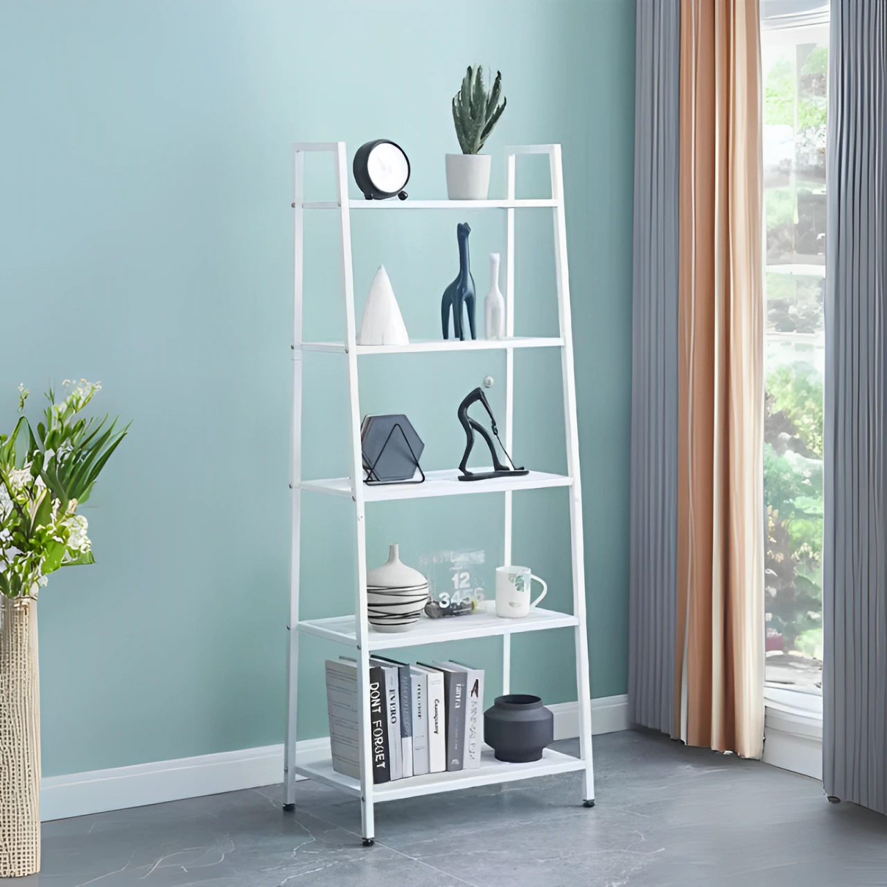 Suporturi - Raft decorativ pentru living, dormitor, birou, 5 polite, din metal, Alb, 61 x 37 x 150 cm