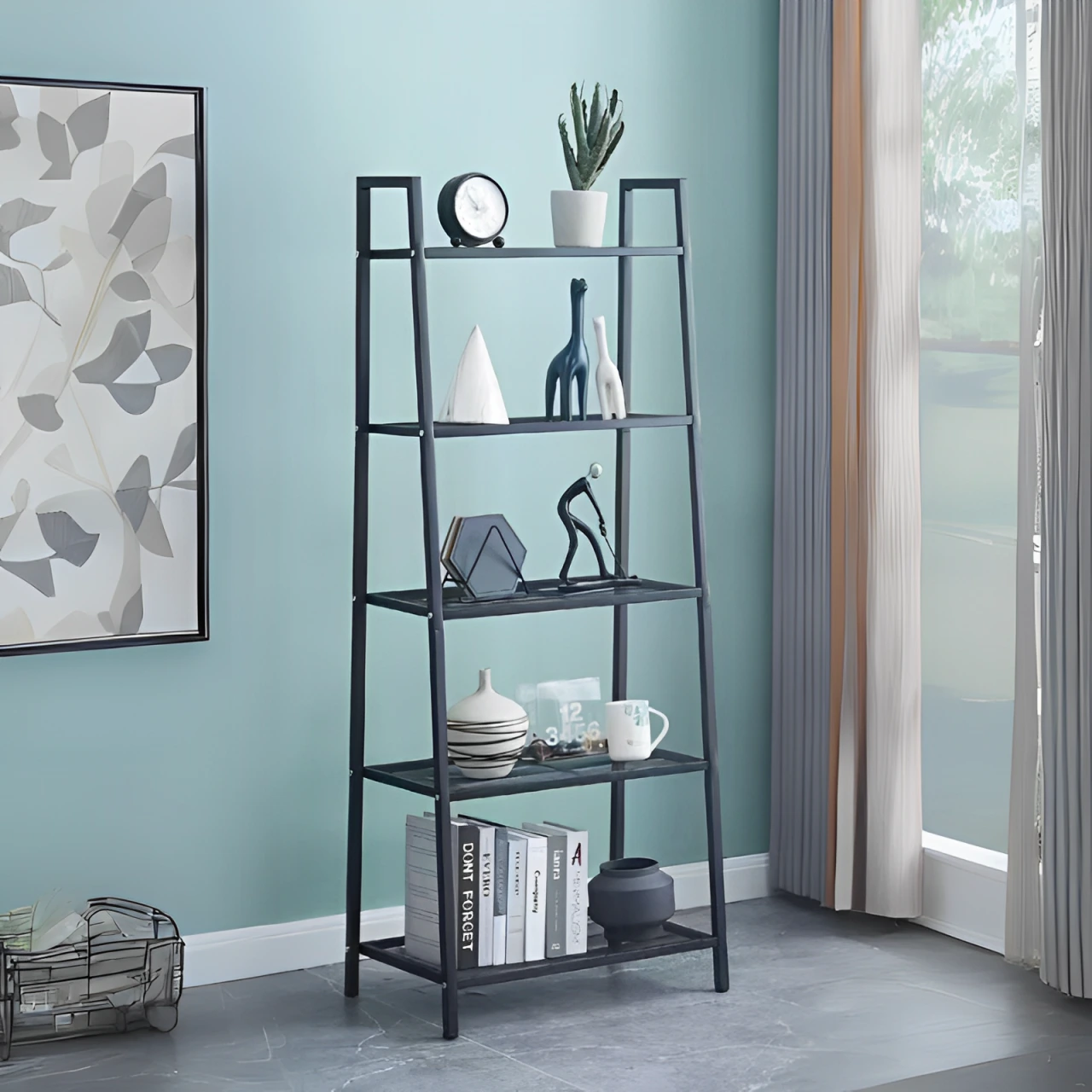 Suporturi - Raft decorativ pentru living, dormitor, birou, 5 polite, din metal, Negru, 61 x 37 x 150 cm