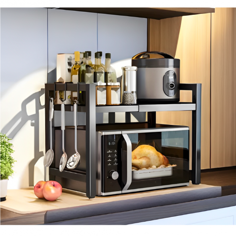 Bucatarie - Raft extensibil pentru depozitare, multifunctional, Negru, 40-64 x 36.5 x 45 cm