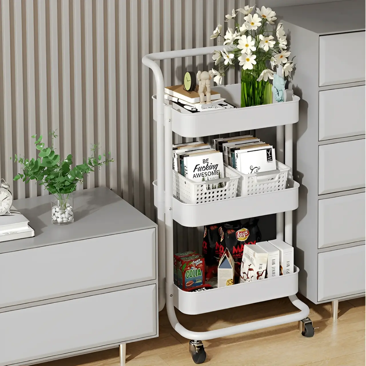 Organizare - Raft metalic cu 3 compartimente, maner, roti, organizator, Herum, Alb, 42 x 37 x 85 cm