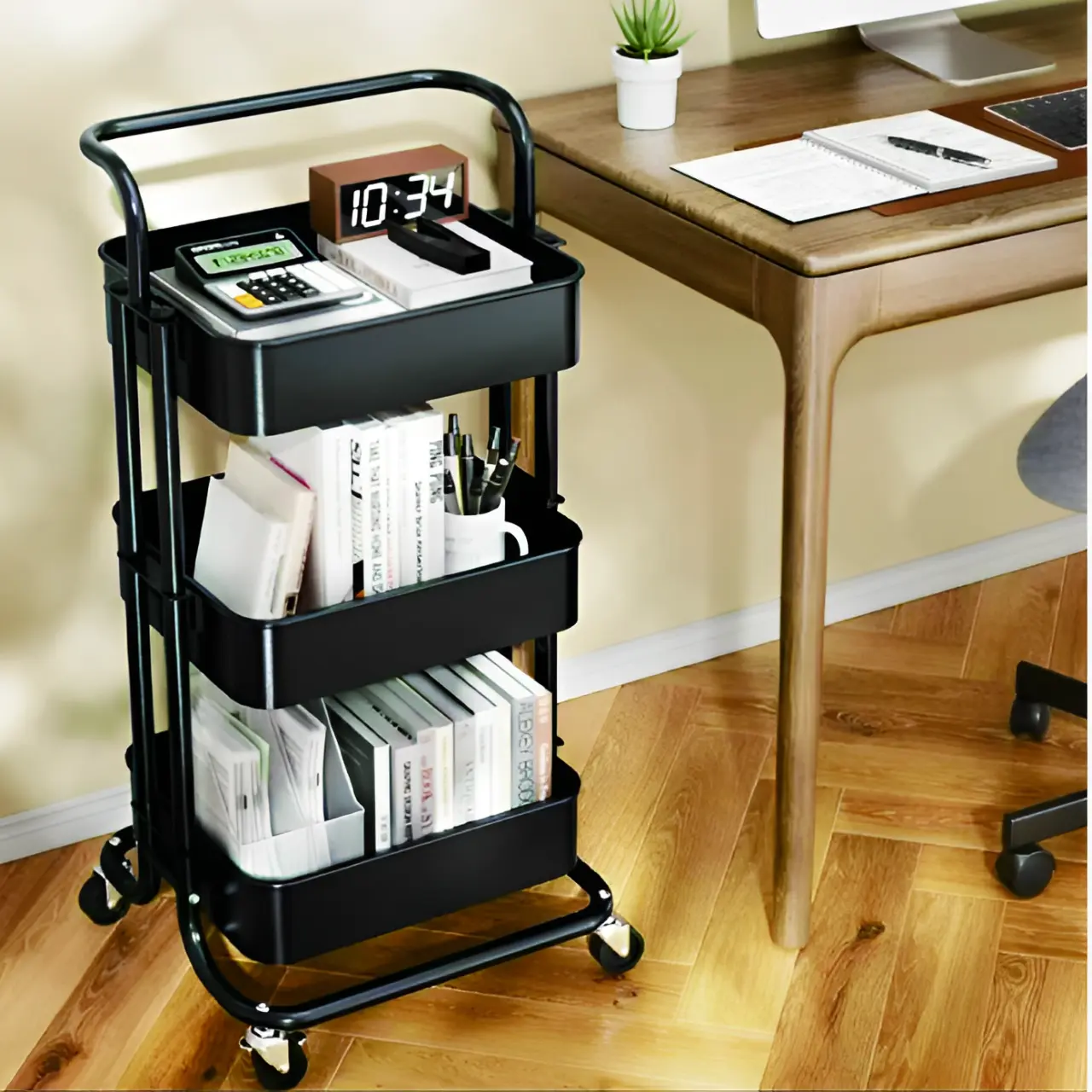 Raft metalic cu 3 compartimente, maner, roti, organizator, Negru, 42 x 37 x 85 cm [1]