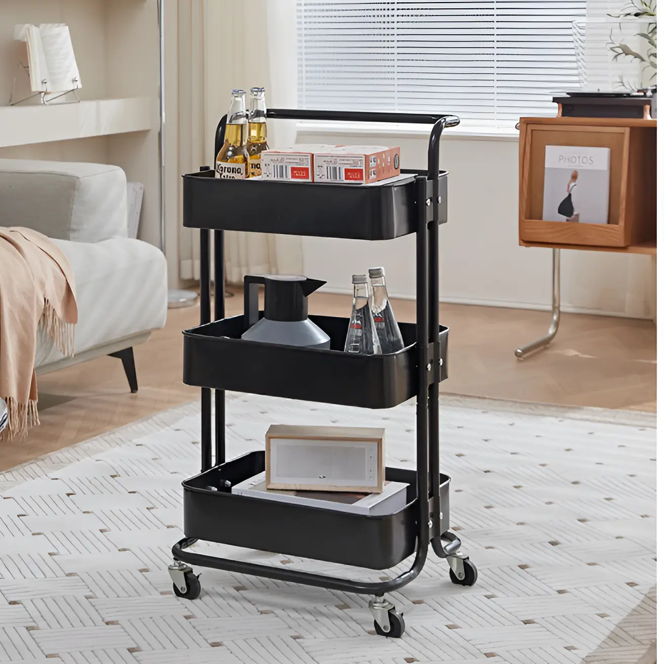 Bucatarie - Raft metalic cu 3 compartimente, maner, roti, organizator, Negru, 42 x 37 x 85 cm