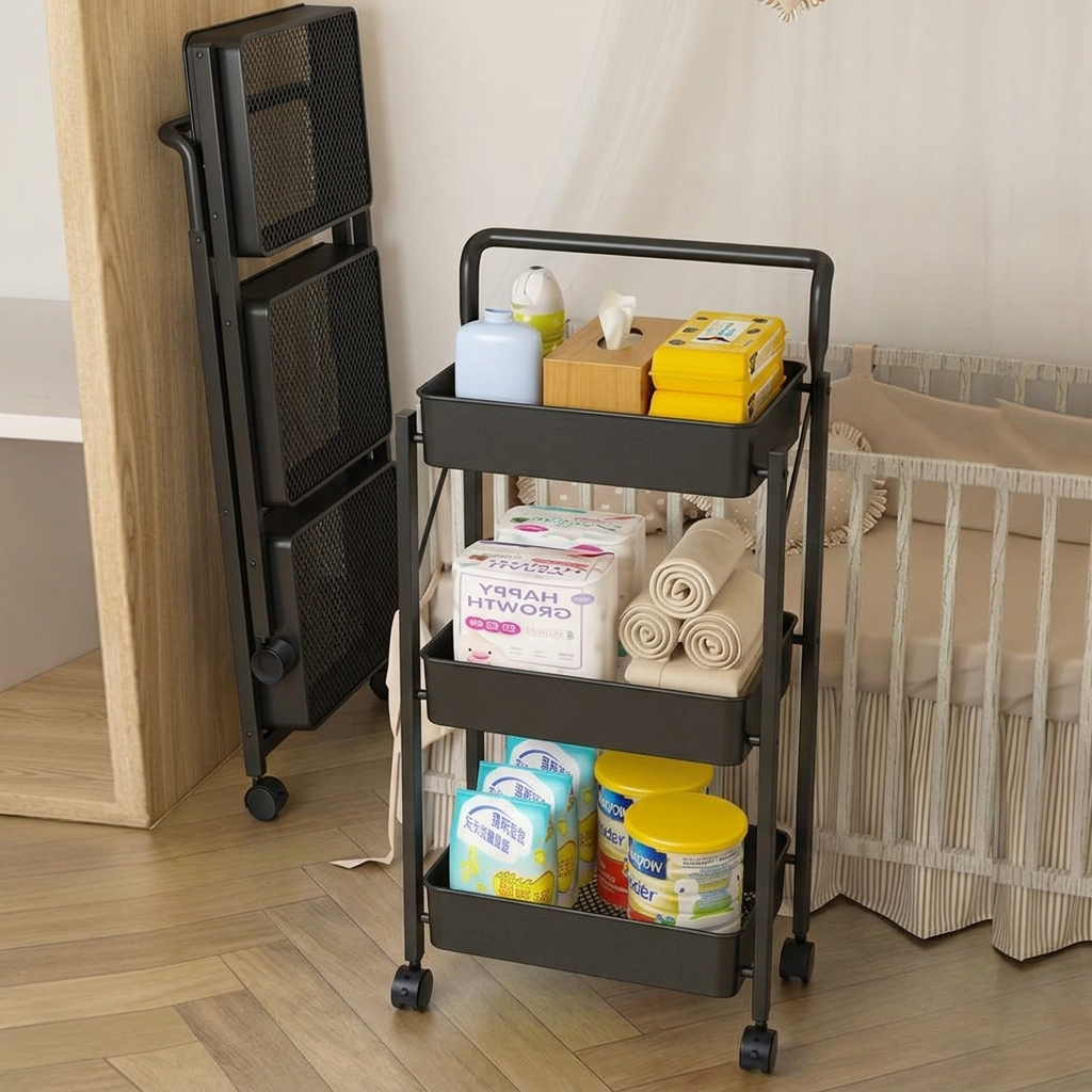 Raft metalic cu 3 compartimente, pliabil, maner, roti, organizator, Negru, 45 x 30 x 77 cm [3]