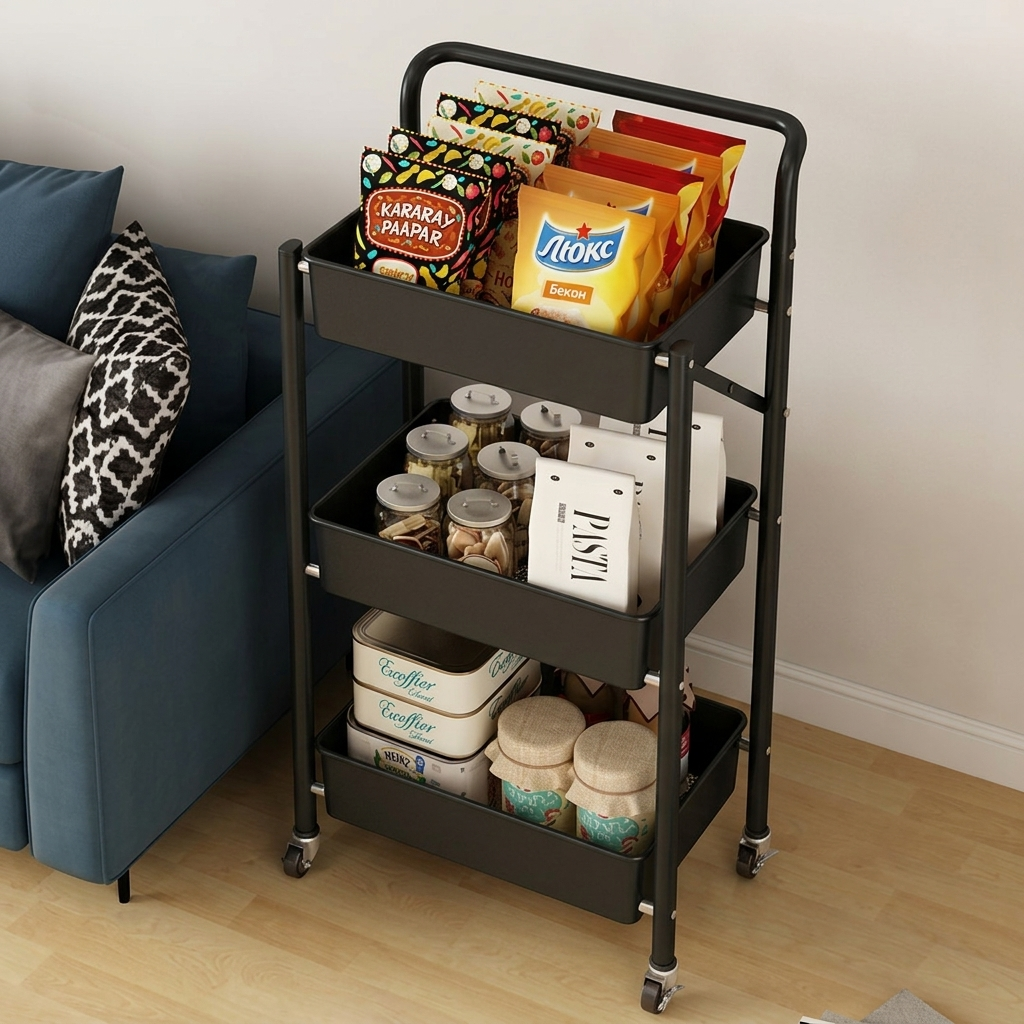 Raft metalic cu 3 compartimente, pliabil, maner, roti, organizator, Negru, 45 x 30 x 77 cm [4]