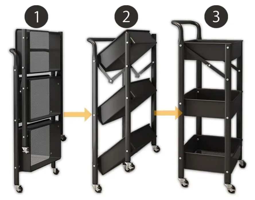 Raft metalic cu 3 compartimente, pliabil, maner, roti, organizator, Negru, 45 x 30 x 77 cm [2]