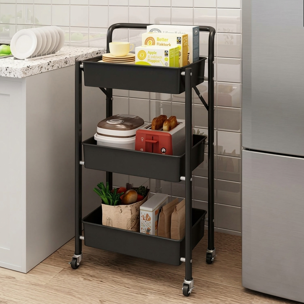 Organizare - Raft metalic cu 3 compartimente, pliabil, maner, roti, organizator, Negru, 45 x 30 x 77 cm