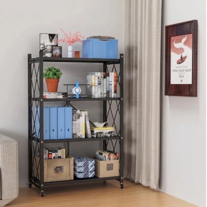 Depozitare si organizare - Raft metalic, cu 4 polite, cu roti, pliabil, organizator, potrivit pentru organizare, cu diferite utilizari, Negru, 71.5 x 39.5 x 124 cm