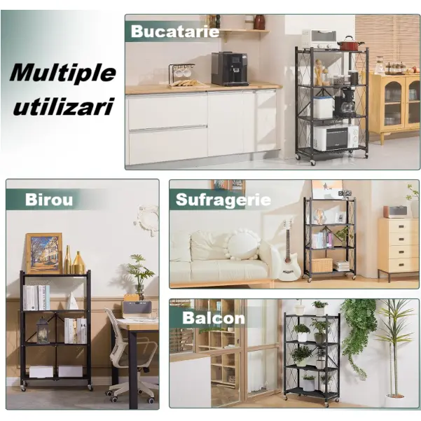 Raft metalic, cu 4 polite, cu roti, pliabil, organizator, potrivit pentru organizare, cu diferite utilizari, Negru, 71.5 x 39.5 x 124 cm [4]