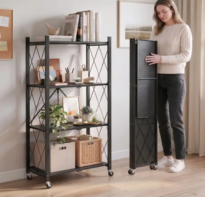 Raft metalic, cu 4 polite, cu roti, pliabil, organizator, potrivit pentru organizare, cu diferite utilizari, Negru, 71.5 x 39.5 x 124 cm [2]