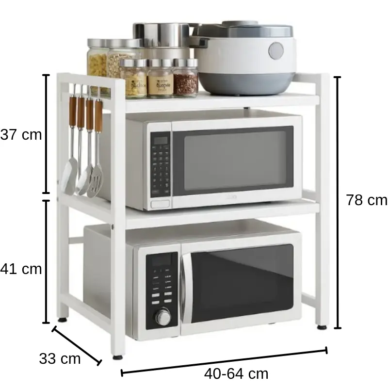 Raft metalic cuptor cu microunde, organizator bucatarie, multifunctional, cu 3 niveluri, extensibil, carlige metalice, Herum, 40-64 x 33 x 78 cm, alb [5]