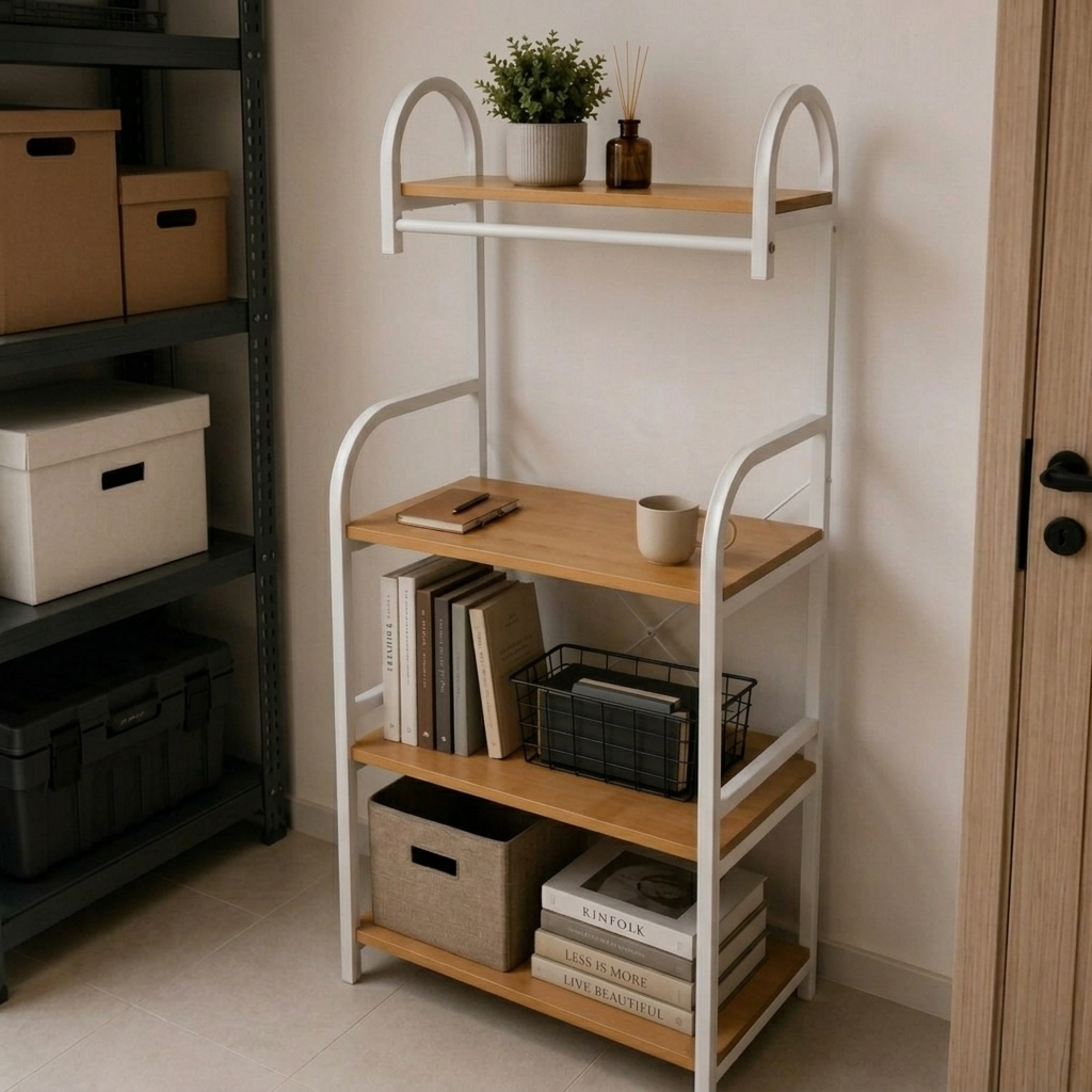Raft pentru depozitare, cu 4 polite, din MDF, cadru metalic, ideal pentru organizare, Maro/Alb, 60 x 50 x 150 cm [5]