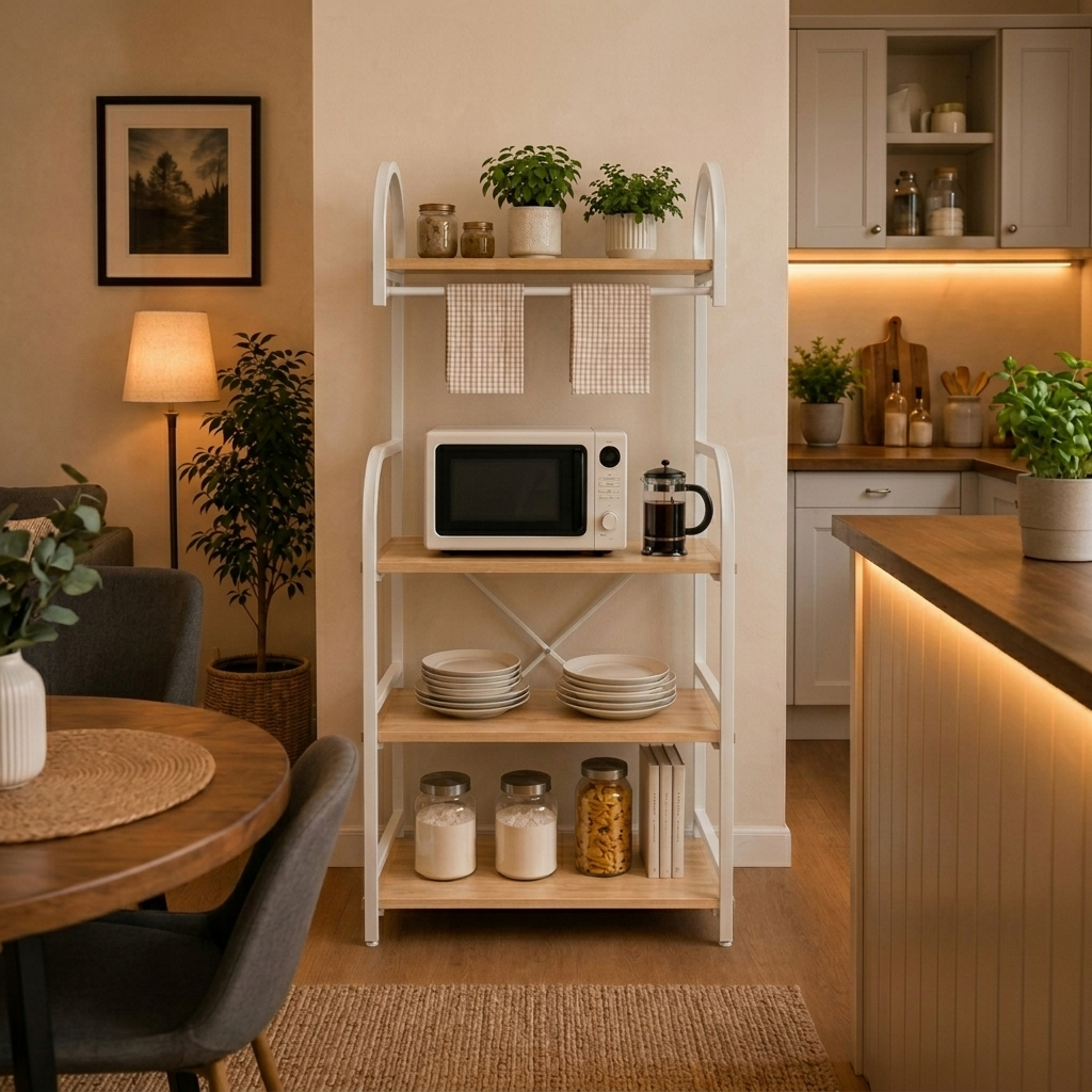 Raft pentru depozitare, cu 4 polite, din MDF, cadru metalic, ideal pentru organizare, Maro/Alb, 60 x 50 x 150 cm [2]