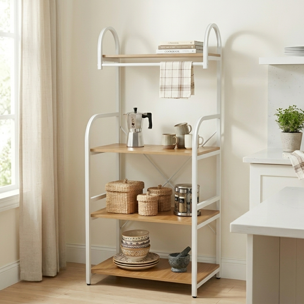 Raft pentru depozitare, cu 4 polite, din MDF, cadru metalic, ideal pentru organizare, Maro/Alb, 60 x 50 x 150 cm