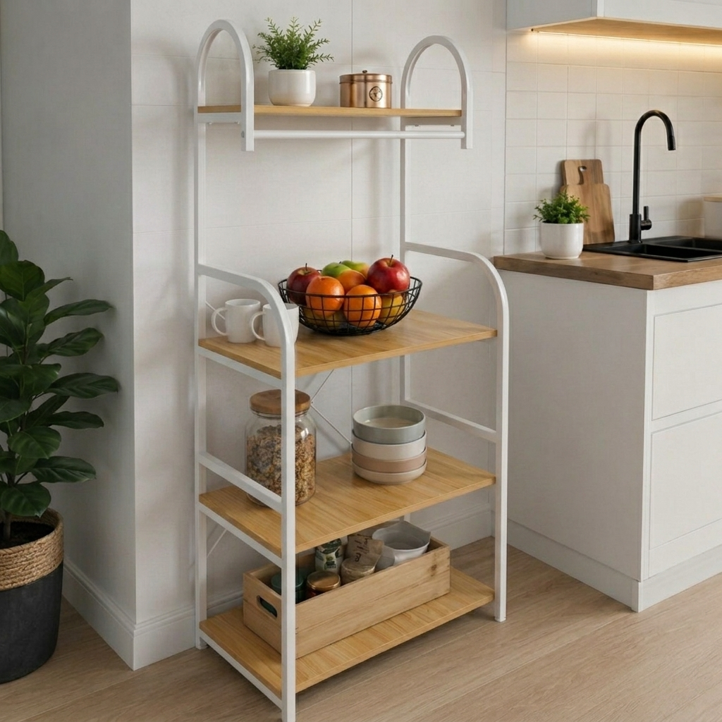 Raft pentru depozitare, cu 4 polite, din MDF, cadru metalic, ideal pentru organizare, Maro/Alb, 60 x 50 x 150 cm [4]