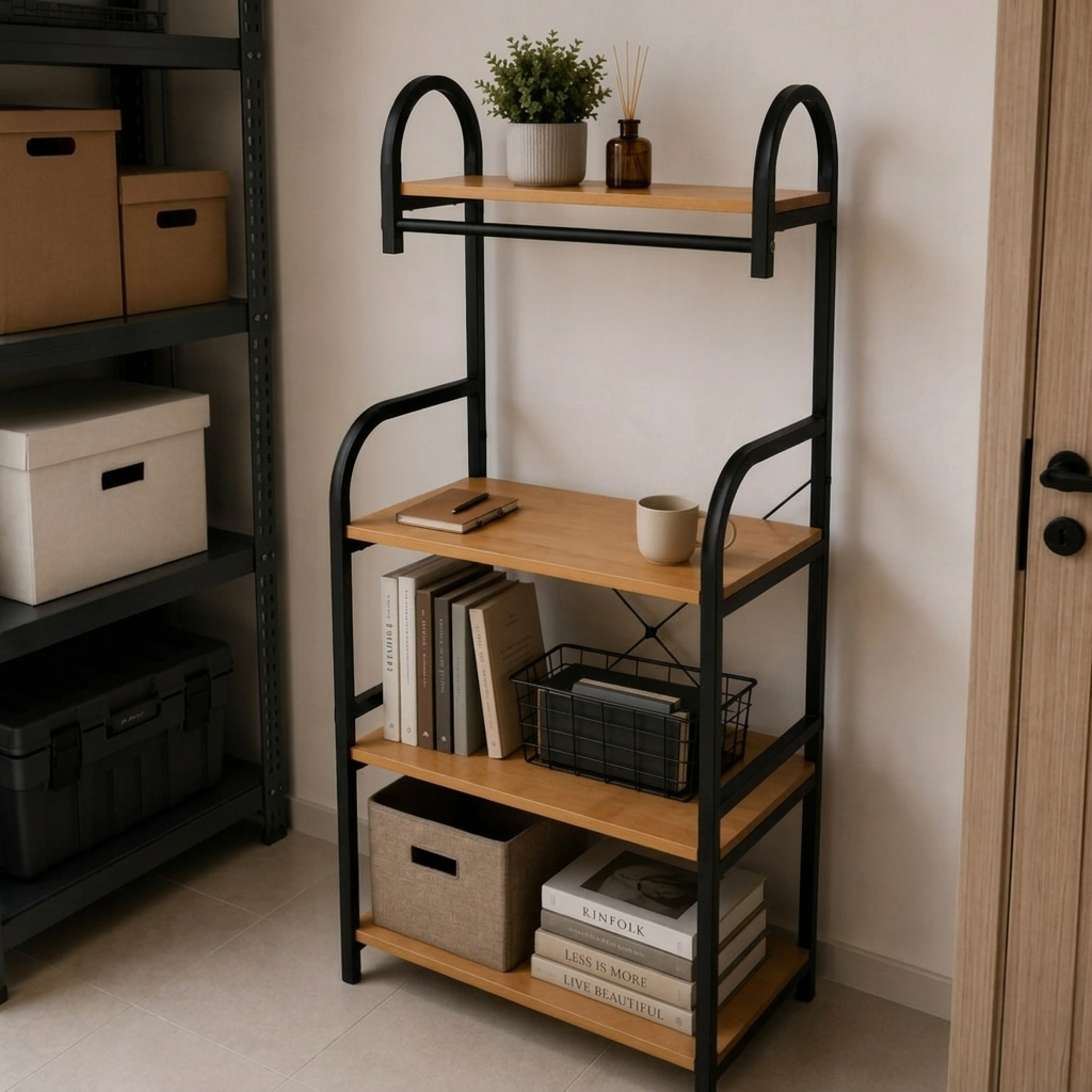 Raft pentru depozitare, cu 4 polite, din MDF, cadru metalic, ideal pentru organizare, Maro/Negru, 60 x 50 x 150 cm [1]