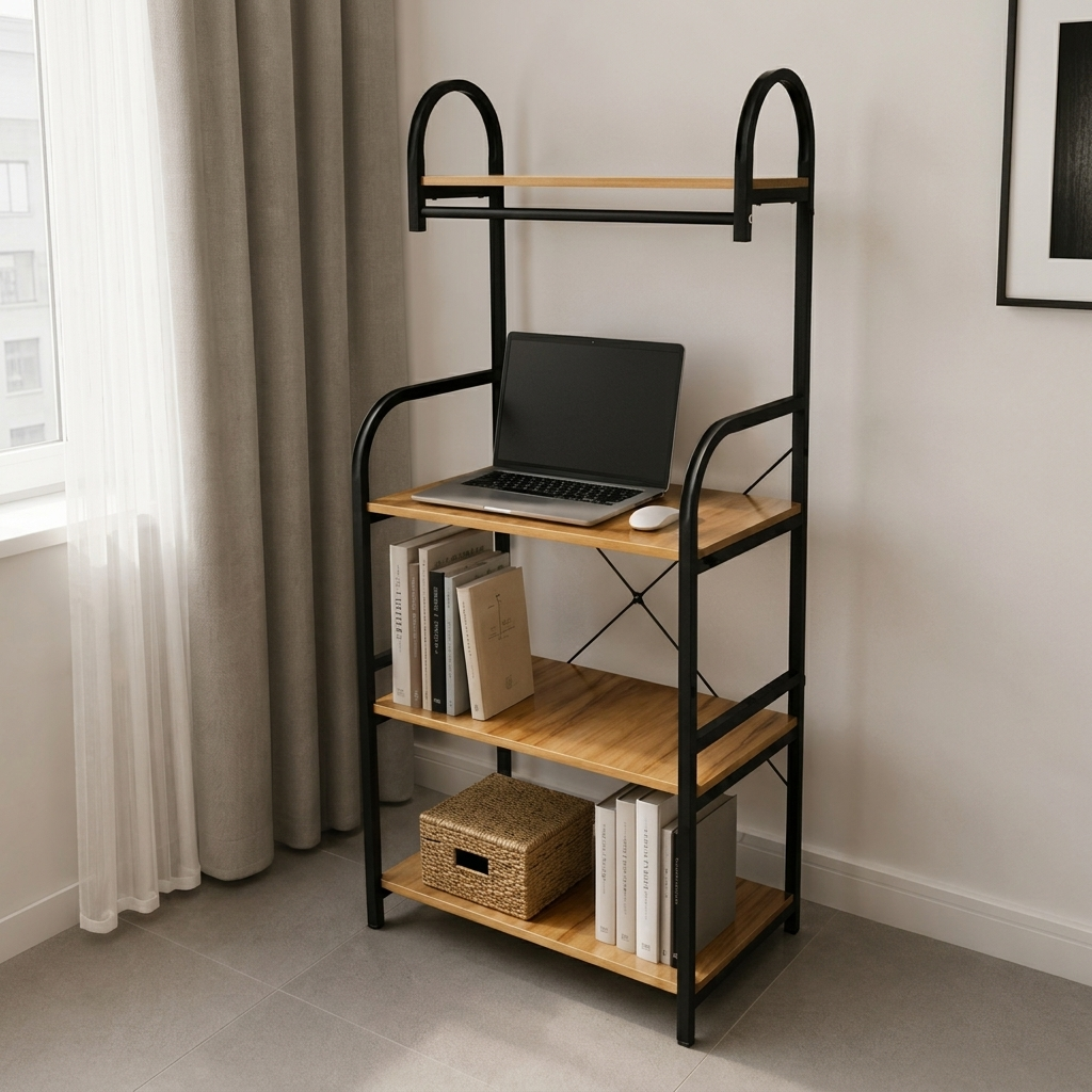 Raft pentru depozitare, cu 4 polite, din MDF, cadru metalic, ideal pentru organizare, Maro/Negru, 60 x 50 x 150 cm [4]