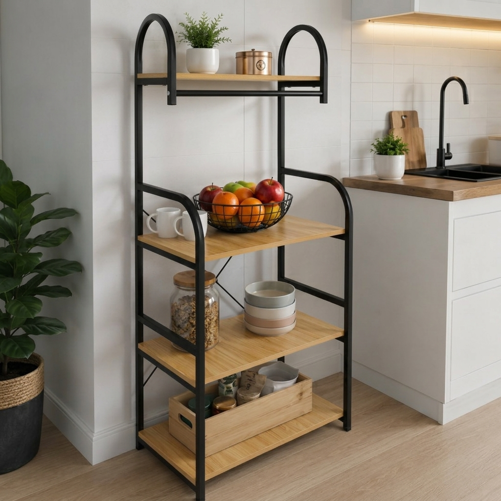 Raft pentru depozitare, cu 4 polite, din MDF, cadru metalic, ideal pentru organizare, Maro/Negru, 60 x 50 x 150 cm