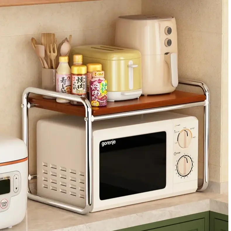 Bucatarie - Raft pentru microunde, cadru metalic, polita MDF, organizator bucatarie, Gri/Maro, 50.5 cm x 36 cm x 48.5 cm