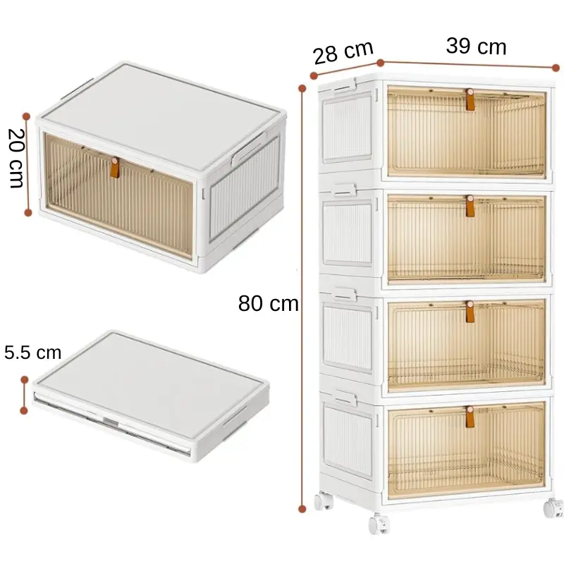 Raft pliabil de depozitare, 4 niveluri, din plastic, cu roti, organizare prin stivuire sau de sine statatoare, Alb/Gri, 39 x 28 x 80 cm [5]