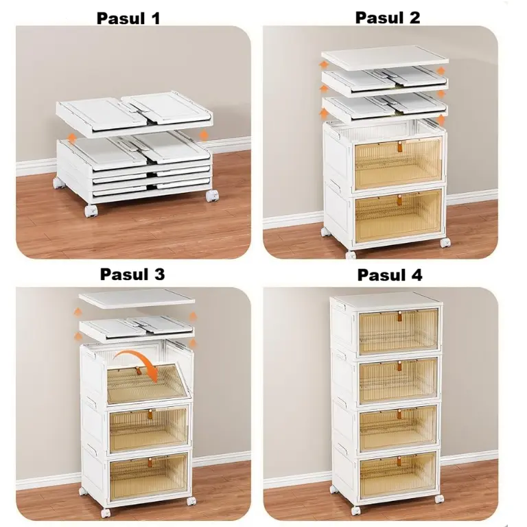 Raft pliabil de depozitare, 4 niveluri, din plastic, cu roti, organizare prin stivuire sau de sine statatoare, Alb/Gri, 39 x 28 x 80 cm [4]