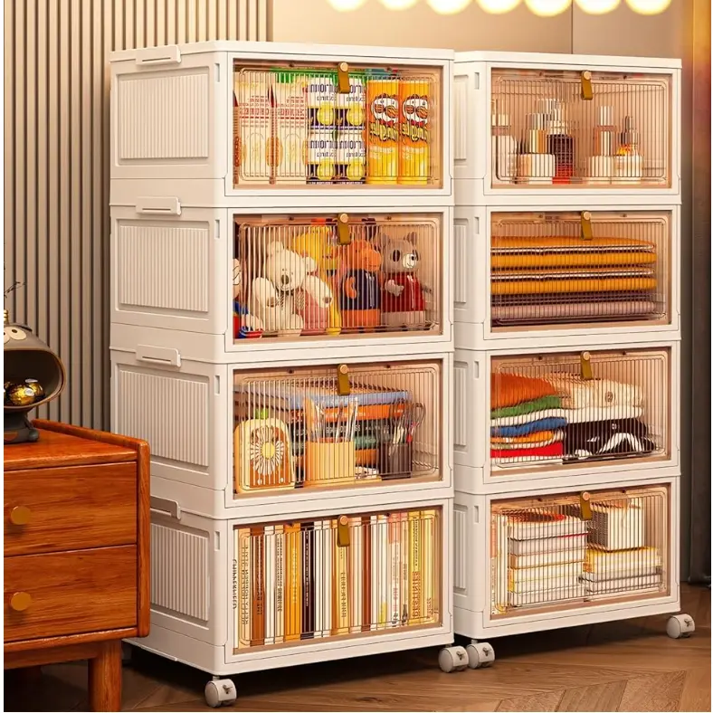 Raft pliabil de depozitare, 4 niveluri, din plastic, cu roti, organizare prin stivuire sau de sine statatoare, Alb/Gri, 39 x 28 x 80 cm [2]