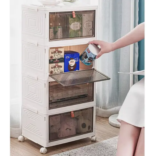 Organizare - Raft pliabil de depozitare, 4 niveluri, din plastic, cu roti, organizare prin stivuire sau de sine statatoare, Alb/Gri, 39 x 28 x 80 cm