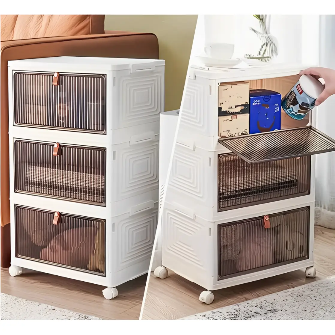 Raft pliabil de depozitare, din plastic, cu roti, organizare prin stivuire sau de sine statatoare, Alb/Gri, 39 x 28 x 60 cm [4]