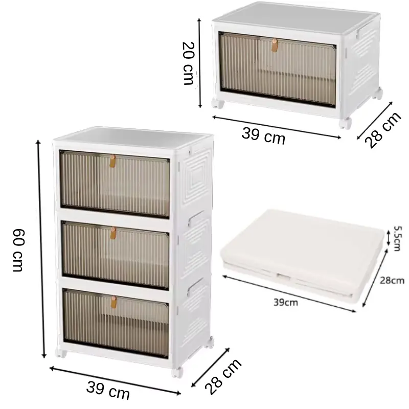 Raft pliabil de depozitare, din plastic, cu roti, organizare prin stivuire sau de sine statatoare, Alb/Gri, 39 x 28 x 60 cm [5]