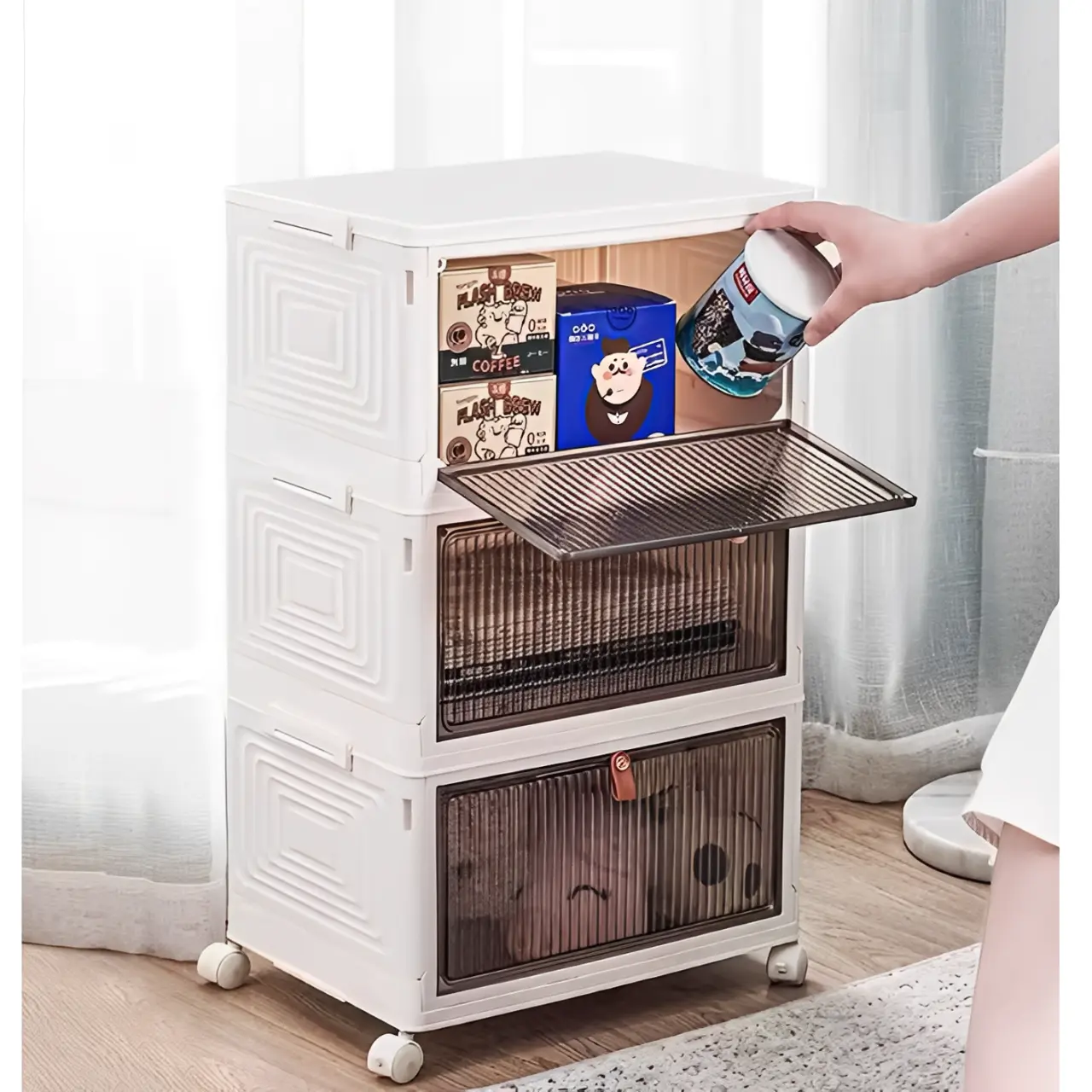 Organizare - Raft pliabil de depozitare, din plastic, cu roti, organizare prin stivuire sau de sine statatoare, Alb/Gri, 39 x 28 x 60 cm