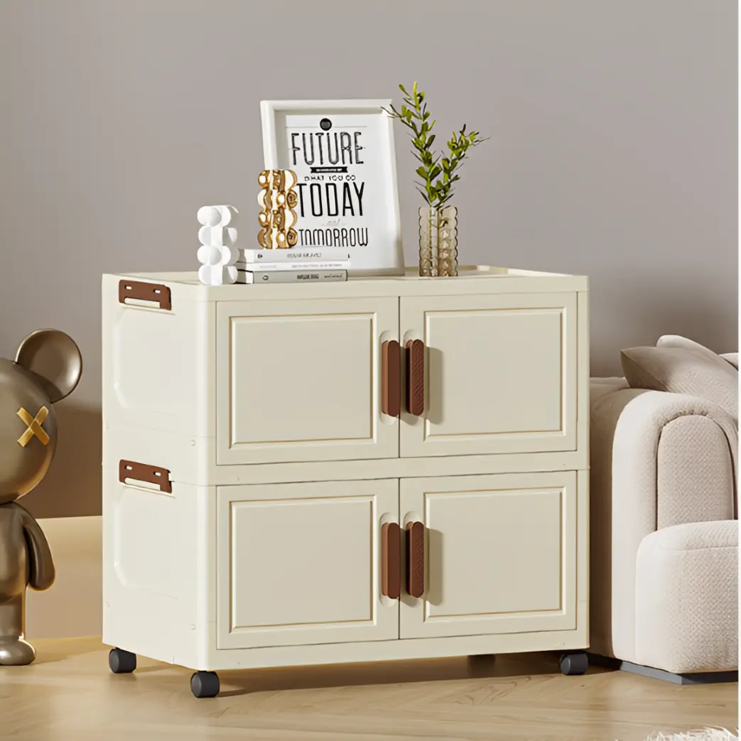 Raft pliabil de depozitare, stil dulap, 3 niveluri, din plastic, cu roti, organizare prin stivuire sau de sine statatoare, Crem/Maro, 40 x 26 x 67 cm [3]