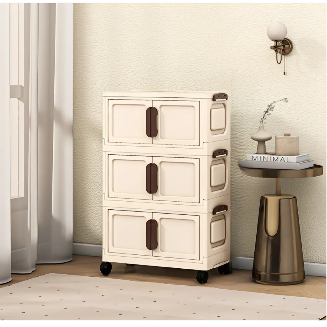 Raft pliabil de depozitare, stil dulap, 3 niveluri, din plastic, cu roti, organizare prin stivuire sau de sine statatoare, Crem/Maro, 40 x 26 x 67 cm [4]