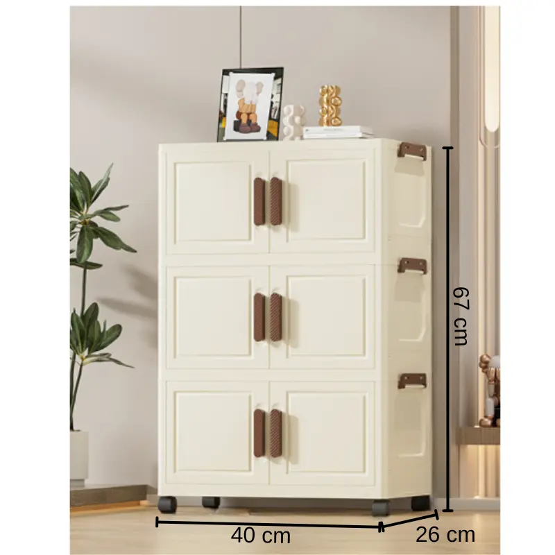 Raft pliabil de depozitare, stil dulap, 3 niveluri, din plastic, cu roti, organizare prin stivuire sau de sine statatoare, Crem/Maro, 40 x 26 x 67 cm [5]