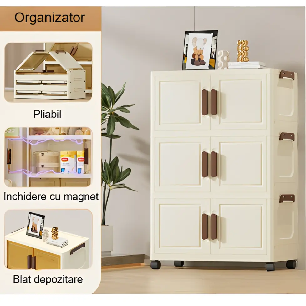 Raft pliabil de depozitare, stil dulap, 3 niveluri, din plastic, cu roti, organizare prin stivuire sau de sine statatoare, Crem/Maro, 40 x 26 x 67 cm [2]