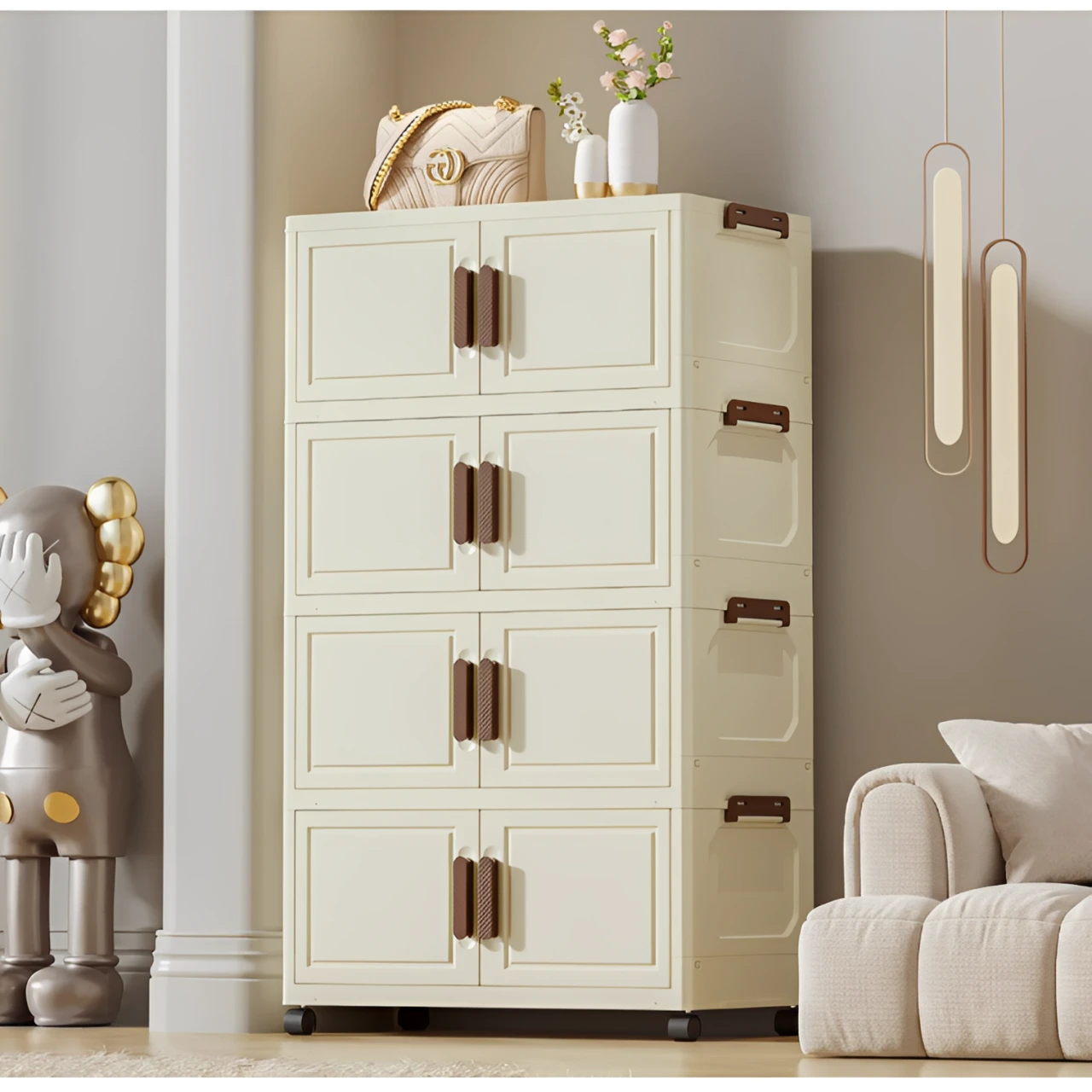 Organizare - Raft pliabil de depozitare, stil dulap, 4 niveluri, din plastic, cu roti, organizare prin stivuire sau de sine statatoare, Crem/Maro, 40 x 26 x 88 cm