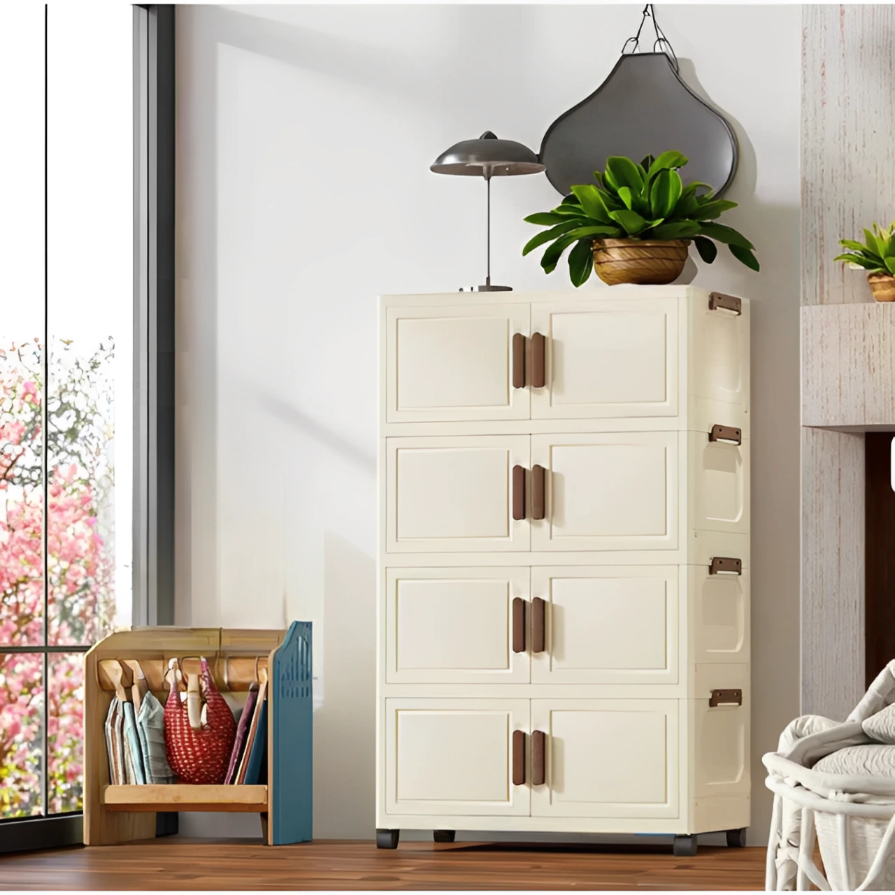 Raft pliabil de depozitare, stil dulap, 4 niveluri, din plastic, cu roti, organizare prin stivuire sau de sine statatoare, Crem/Maro, 40 x 26 x 88 cm [1]