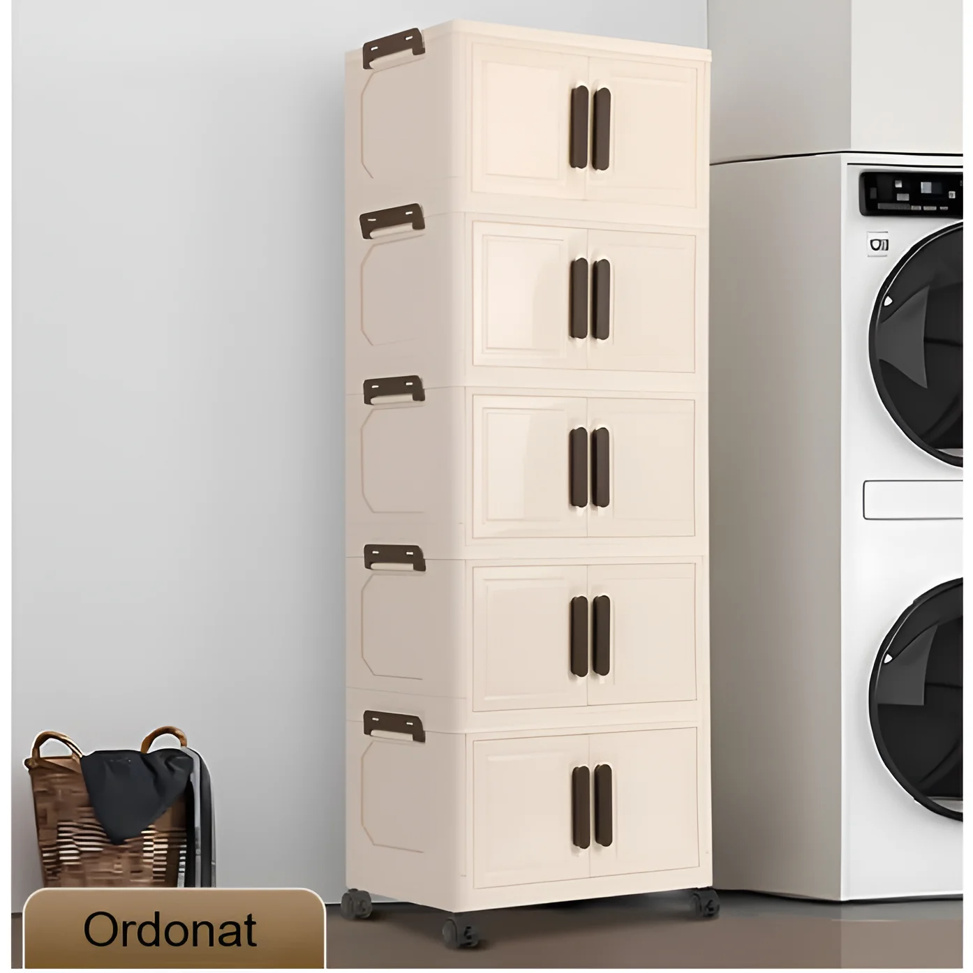 Raft pliabil de depozitare, stil dulap, 5 niveluri, din plastic, cu roti, organizare prin stivuire sau de sine statatoare, Crem/Maro, 45 x 26 x 112 cm [1]