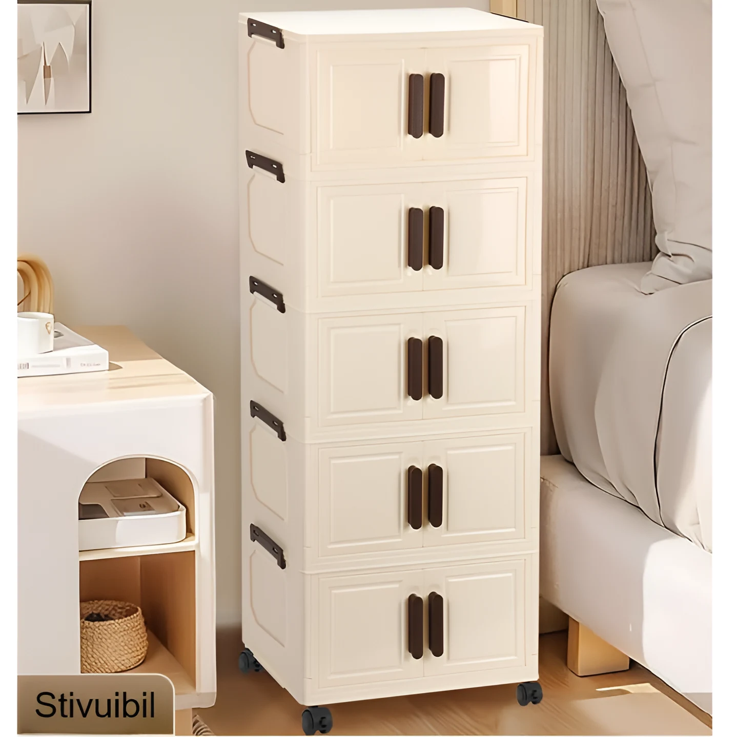 Organizare - Raft pliabil de depozitare, stil dulap, 5 niveluri, din plastic, cu roti, organizare prin stivuire sau de sine statatoare, Crem/Maro, 45 x 26 x 112 cm