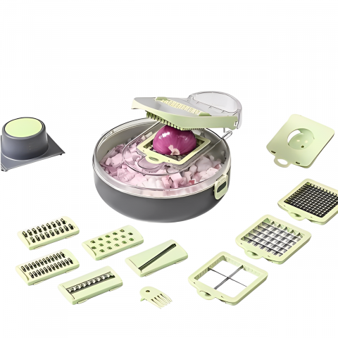 Razatoare multifunctionala pentru legume, cu accesorii pentru diferite tipuri de feliere, Verde/Gri, 29.5 x 22 x 9 cm [1]