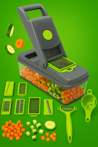 Bucatarie - Razatoare pentru legume cu buton si accesorii, Gri/Verde, 33 x 10 x 12 cm