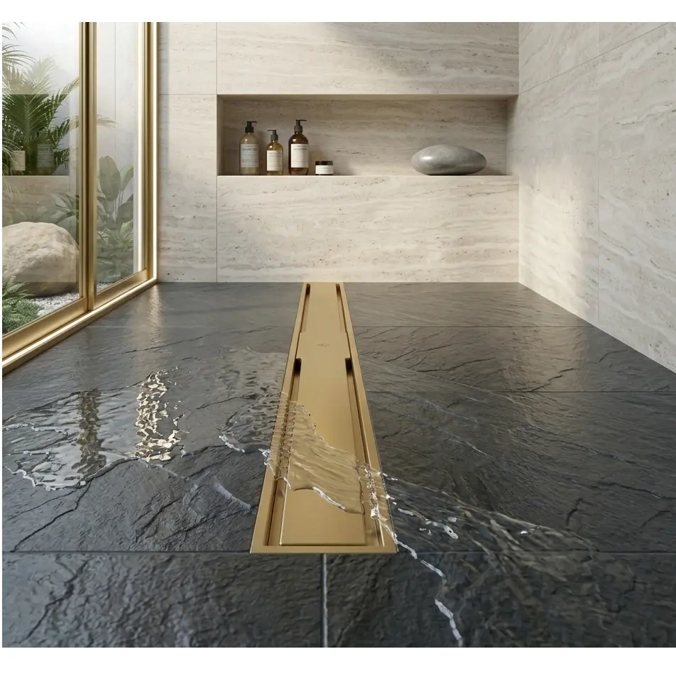 Baie - Rigola de dus, pe podea, liniara, din inox, set complet necesar instalarii, Auriu, 32 x 600 mm