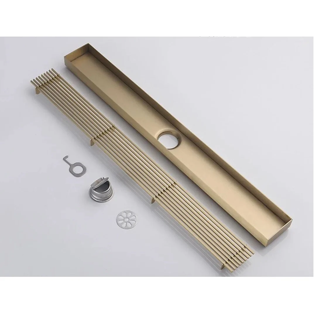 Baie - Rigola de dus, pe podea, liniara, din inox, set complet necesar instalarii,Auriu, 57 x 600 mm