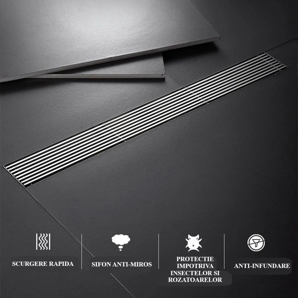 Rigola de dus, pe podea, liniara, din inox, set complet necesar instalarii,culoare cromata, 57 x 600 mm [1]