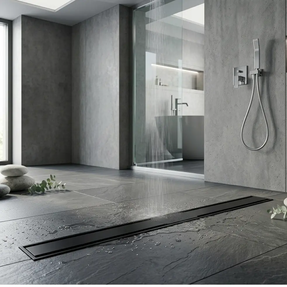 Baie - Rigola de dus, pe podea, liniara, din inox, set complet necesar instalarii, Negru, 32 x 600 mm