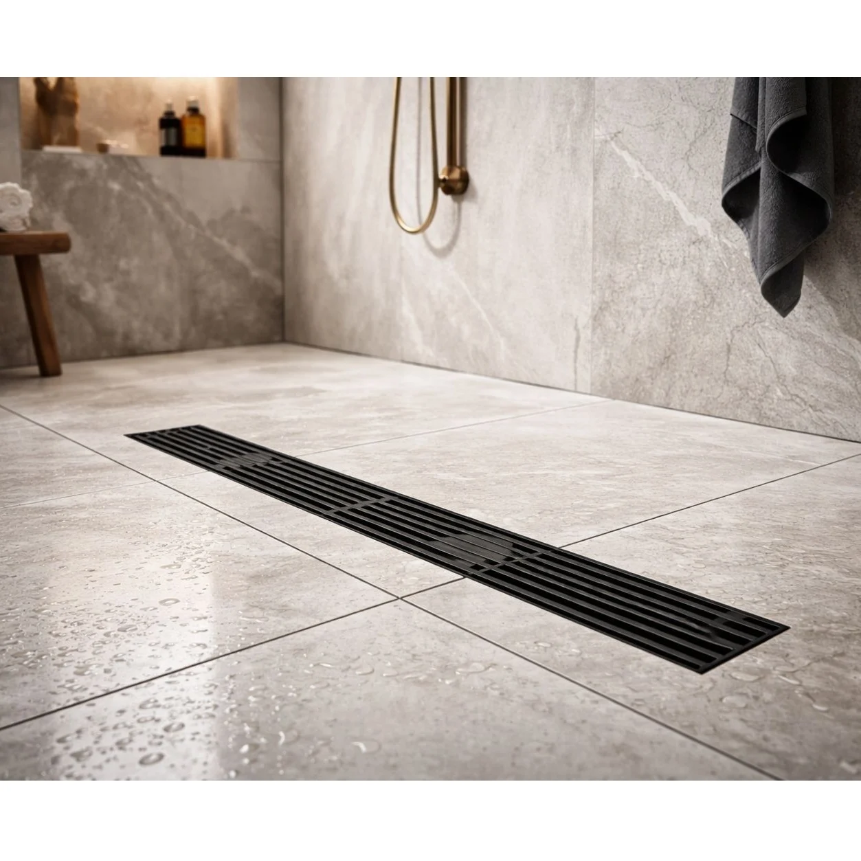 Baie - Rigola de dus, pe podea, liniara, din inox, set complet necesar instalarii,negru, 57 x 600 mm